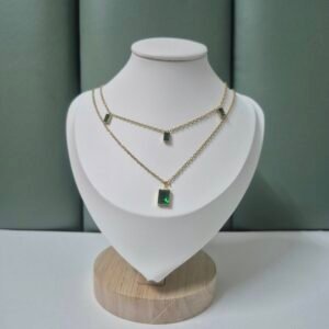 Green stone studded geometric layered necklace